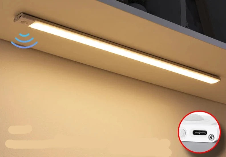 Iluminação Noturna com Sensor de Movimento - Sem Fio e Recarregável via USB para Armários de Cozinha, Guarda-roupas e Mais