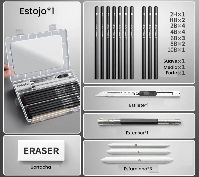 Conjunto de Lápis de Esboço Completo - 27/38/47 Peças para Desenho e Arte