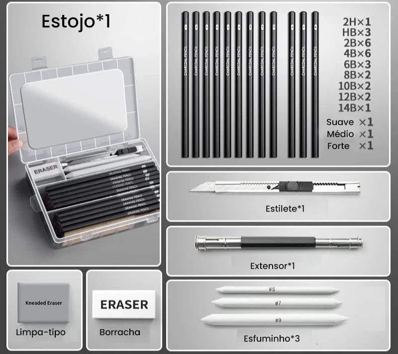 Conjunto de Lápis de Esboço Completo - 27/38/47 Peças para Desenho e Arte