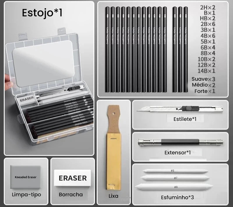 Conjunto de Lápis de Esboço Completo - 27/38/47 Peças para Desenho e Arte