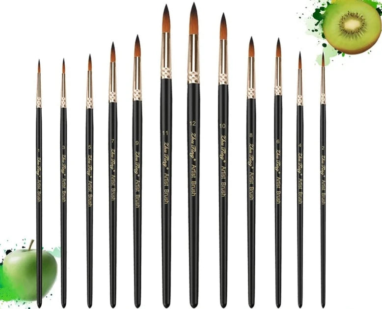 Conjunto de 12 Pincéis Profissionais para Pintura a Óleo, Acrílica e Aquarela