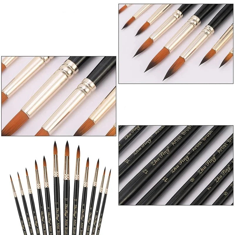 Conjunto de 12 Pincéis Profissionais para Pintura a Óleo, Acrílica e Aquarela