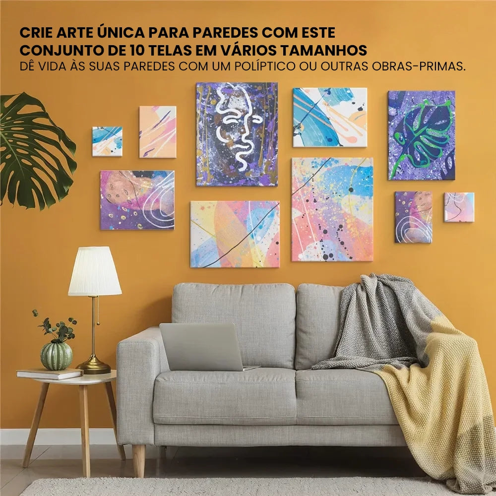 Pack de 4 Telas Artísticas Brancas com Moldura de Madeira