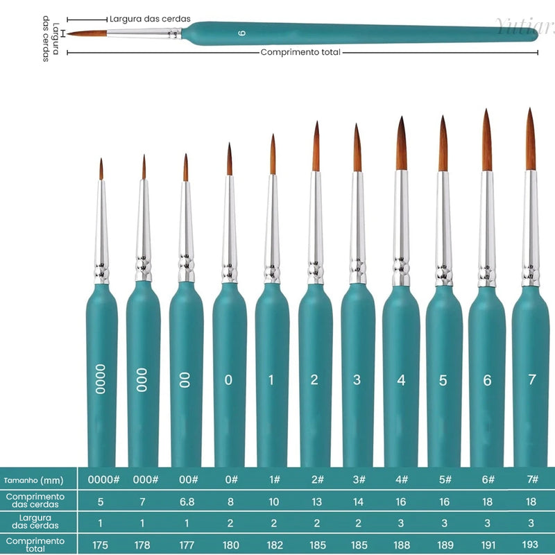 Miniatura Pincéis Art Painting - 11 Peças de Cabelo de Doninha